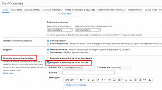 Passo 04 - Como ativar a ativar a resposta automática de férias no navegador do PC. Fonte: Vitor Valeri