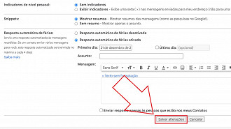 Passo 05 - Como ativar a ativar a resposta automática de férias no navegador do PC. Fonte: Vitor Valeri