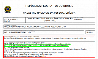 Informações de atividades da Viacom Networks Brasil, empresa aberta em 199 e responsável pela Pluto TV.