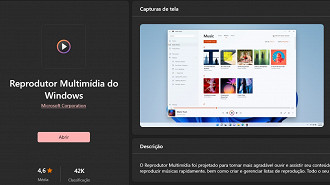 Captura de tela do novo app Windows Media Player (Reprodutor de Multimidia do Windows) na Microsoft Store do Windows 10. Fonte: Vitor Valeri