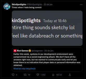 Tweet de SkinSpotlights respondendo a Riot Games, mostrando que usuário sabia de algo com antecedência ao pronunciamento. Fonte: Twitter