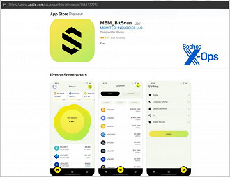Aplicativo malicioso de criptomoedas MBM_BitScan na App Store (iOS). Fonte: sophos