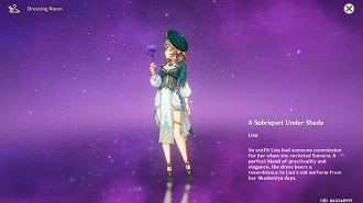 Lisa com sua nova skin (roupa) em Genshin Impact 3.4. Fonte: HoYoverse Lisa com sua nova skin (roupa) em Genshin Impact 3.4. Fonte: HoYoverse