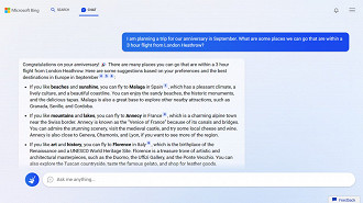 Captura de tela do novo Bing com o ChatGPT implementado. Fonte: Microsoft