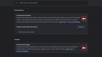 Passo 05 - Ativando os modos de economia de memória e de energia no Google Chrome. Fonte: Vitor Valeri