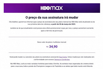 Email informando sobre os novos preços da HBO Max, válido a partir de 30 de março d e2023 (Crédito: Oficina da Net)