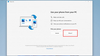 Captura de tela da nova versão do aplicativo Vincular ao Celular no Windows 11 com o iPhone como opção. Fonte: Microsoft
