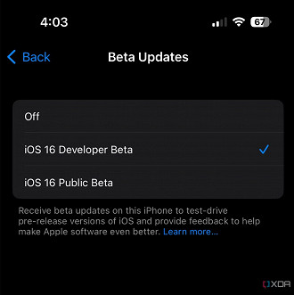 Novo menu de atualizações beta no iOS 16.4. Fonte: xda-developers