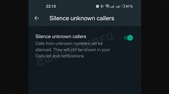 Captura de tela do recurso de silenciar chamadas de números desconhecidos no WhatsApp. Fonte: WABetaInfo
