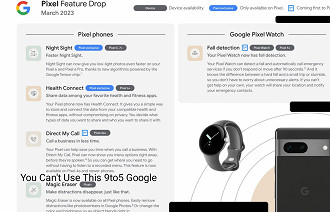 Suposta lista de novos recursos que vão chegar a linha Pixel em março de 2023 (Crédito: 9to5Google/Reprodução)