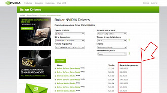 Captura de tela da página de pesquisa de drivers da Nvidia para placas de vídeo. Fonte: Vitor Valeri