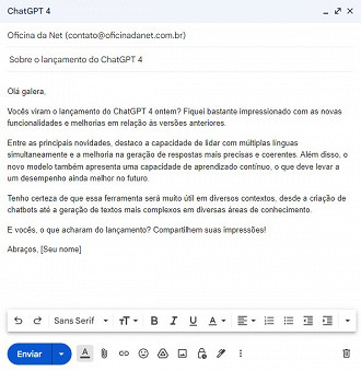 Email escrito com a ajuda do ChatGPT