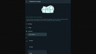 Captura de tela mostrando as novas opções de duração das Mensagens Temporárias da versão beta do WhatsApp para desktop. Fonte: wabetainfo