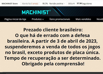 Comunicado oficial na loja da Machinist. Fonte: Aliexpress