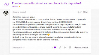 Captura de tela de relato de golpe de fraude bancária utiliza RustDesk para roubar dinheiro das vítimas. Fonte: NuCommunity