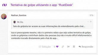 Captura de tela mostrando possível vazamento de dados sigilosos de clientes do Nubank. Fonte: NuCommunity