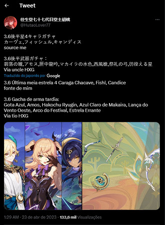 Personagens quatro estrelas que estarão no banner de Baizhu em Genshin Impact 3.6. Fonte: Twitter