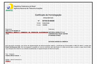 Homologation Certificate released by Anatel