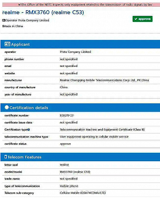 RMX3760, new Realme C53 is certified by NBTC