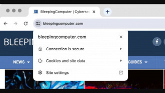 Captura de tela com o novo botão de ajustes no lugar do símbolo de cadeado para sites seguros no Chrome 117. Fonte: bleepingcomputer