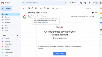 Exibição do selo azul de e-mail verificado no Gmail. Fonte: Google