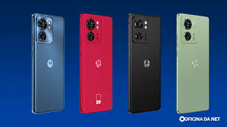 Moto Edge 40 5G nas cores Lunar Blue, Viva Magenta, Eclipse Black e Forest Green respectivamente