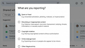 Captura de tela demonstrando um arquivo selecionado para denunciar spam no Google Drive. Fonte: androidauthority