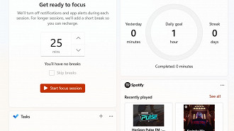 Captura de tela do aplicativo Relógio para Windows 11 na sessão de foco com a conta do Spotify vinculada. Fonte: NeoWin