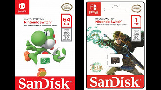 Embalagens dos novos cartões microSD Sandisk de Zelda (1TB) e Yoshi (64GB). Fonte: WesternDigital