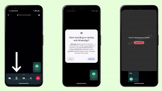 Capturas de tela demonstrando o funcionamento do recurso de compartilhamento de tela do WhatsApp durante uma chamada de vídeo. Fonte: WABetaInfo