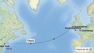 O Titanic saiu de Southampton rumo a New York, mas afundou a 600 km da costa de Newfoundland, no Canadá (Foto: stepmap.de/Reprodução)
