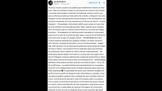 Anúncio dos Stories no Telegram por Pavel Durov, CEO do aplicativo. Fonte: Telegram