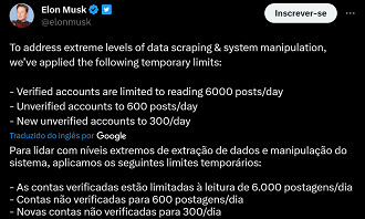 Captura de tela do tweet de Elon Musk anunciando a imposição de limites para a visualização de tweets no Twitter. Fonte: Twitter