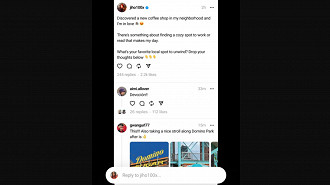 Captura de tela de uma publicação do aplicativo Threads da Meta mostrando seu design e mecânica de comentários. Fonte: Twitter (Alessandro Paluzzi) Captura de tela de uma publicação do aplicativo Threads da Meta mostrando seu design e mecânica de comentários. Fonte: Twitter (Alessandro Paluzzi)