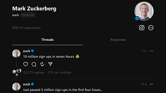 Mark Zuckerberg diz que Threads ultrapassou 10 milhões de usuários em sete horas. Fonte: Vitor Valeri