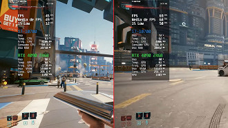 Cyberpunk 2077 Sem DLSS na esquerda e com DLSS na direita. Observe como o consumo de GPU diminuiu e o FPS aumentou.