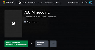 Na loja da Xbox, 700 Minecoins custa R$ 25,95 na compra avulsa
