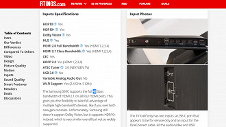 Site RTINGS afirma erroneamente que a TV Samsung S95C possui portas HDMI 2.1 com largura de banda de 48 Gbps. Fonte: Rtings