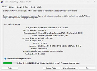 dxdiag procurando problemas e atualizações