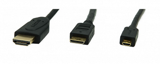 HDMI tipo D (direita) em comparação com os tipos A (esquerda) e C (centro)