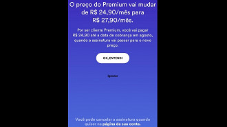 Captura de tela do aviso sobre o aumento do valor da assinatura do Spotify Premium.