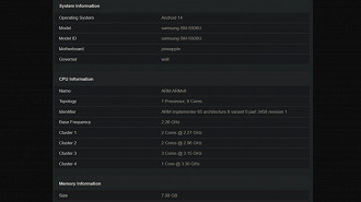 Configurações do Samsung Gaaxy S24+ com o processador Snapdragon 8 Gen 3. Fonte: notebookcheck.