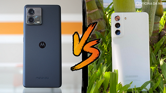 O Motorola tem acabamento traseiro em vidro ou couro vegano, enquanto no Galaxy temos plástico