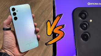 O Galaxy A34 5G possui acabamento em plástico contra vidro no Galaxy A54 5G O Galaxy A34 5G possui acabamento em plástico contra vidro no Galaxy A54 5G