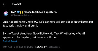 Banners de Neuville, Hu Tao, Wriothesley e Venti em Genshin Impact 4.1. Fonte: Twitter