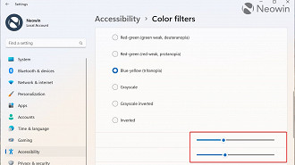 Como utilizar o filtro de cores dos recursos de acessibilidade do Windows 11 para daltônicos. Fonte: NeoWin