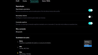 Opções de qualidade nas configurações de transmissão/reprodução de áudio no aplicativo Tidal para desktop. Fonte: Vitor Valeri