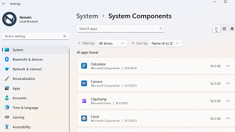 Página de configuração dos componentes do sistema no aplicativo Configurações do Windows 11. Fonte: NeoWin