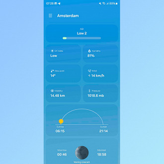 App de Clima ficou mais completo e agora possui informações como horário do nascer/pôr do sol e fase da lua (Fonte: SamMobile)
