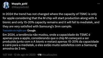 Apple irá consumir 80% da capacidade de produção de chips 3 nm da TSMC, obrigando a Qualcomm a utilizar a Samsung como fornecedora. Fonte: Twitter (@MappleGold)